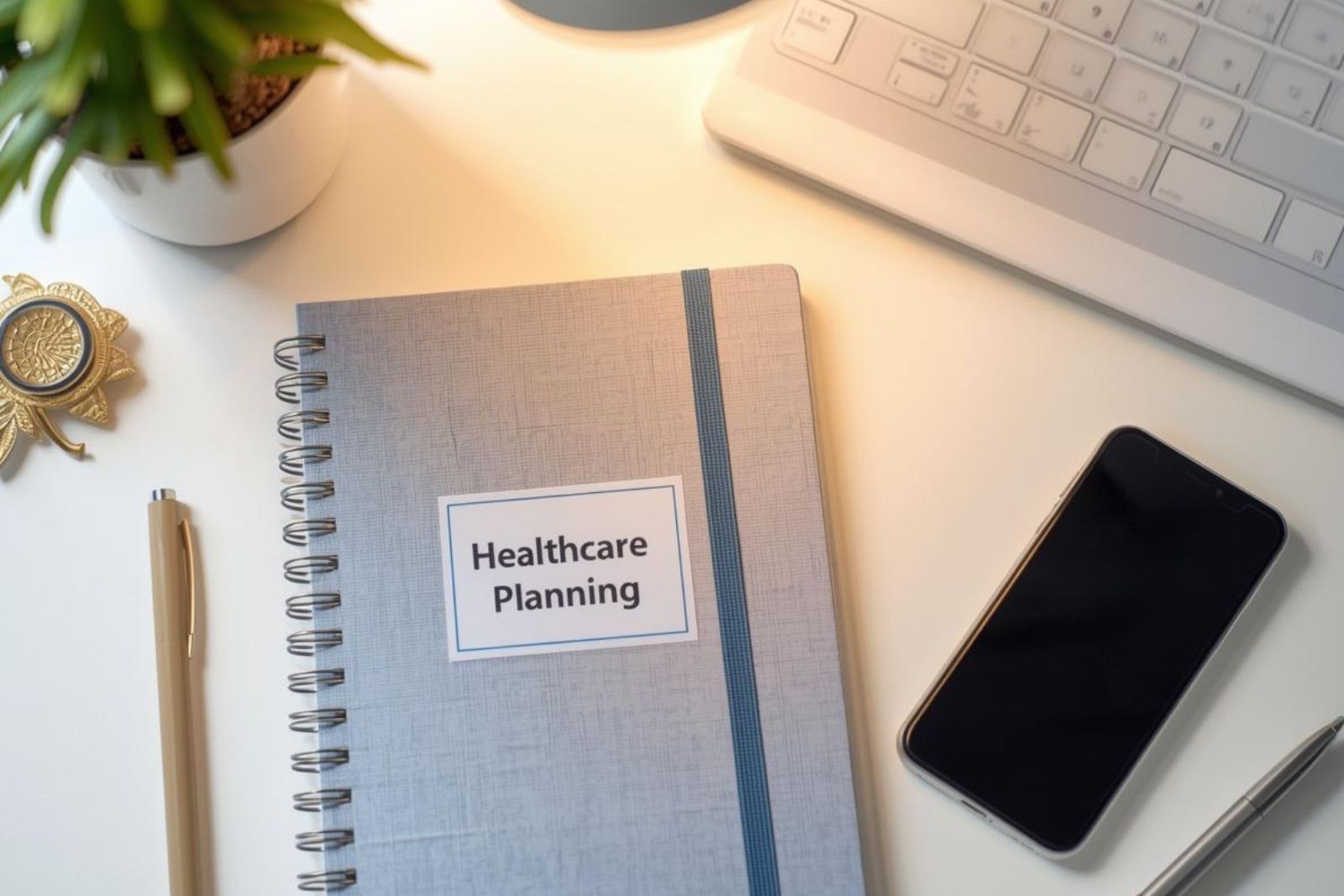 Supportive healthcare planning notebook phone and calendar on a desk