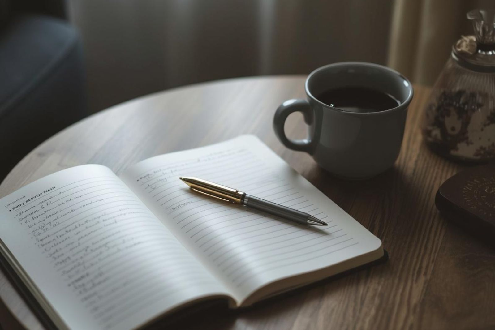 Journaling recovery triggers with a notebook and coffee on a table